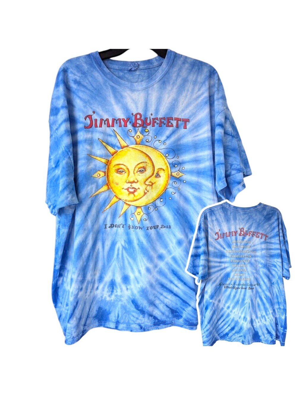 Jimmy Buffett I Dont Know 18 Tour Band T-Shirt 2XL Blue Tie Dye Sun Moon 25x29.5